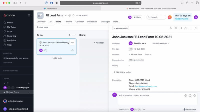 Transfer leads from Facebook Lead Ads to Asana | Check the result