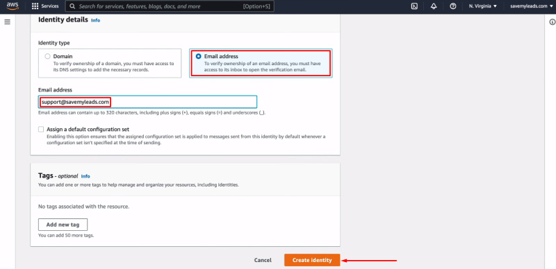 Facebook and Amazon SES integration | Select identity type and specify the mail