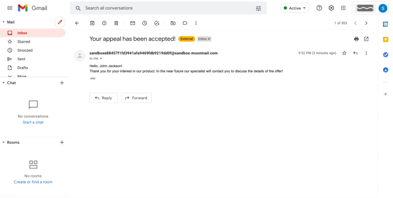How to Set Up Auto-Send Messages to New Leads on Facebook via MoonMail | An example of an email sent automatically via MoonMail