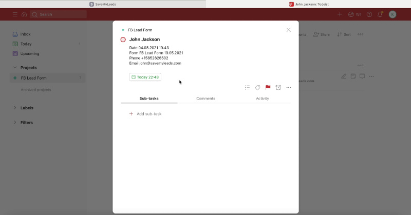 How to Create Todoist Tasks from New Facebook Leads | Integration test result