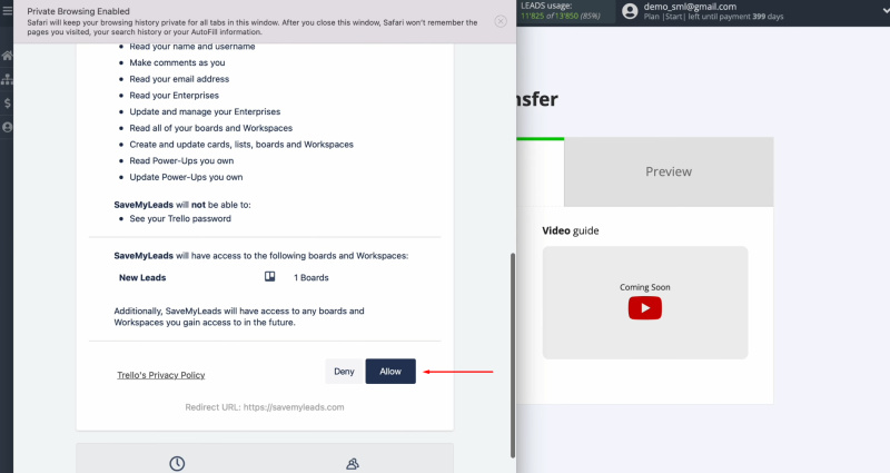 Google Lead Form and Trello integration | Click “Allow”