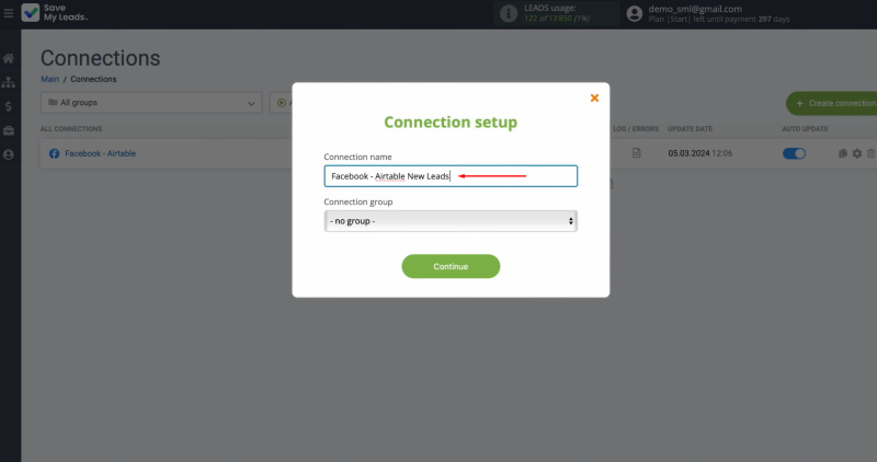 Facebook and Airtable integration | Change the connection name and add it to a group