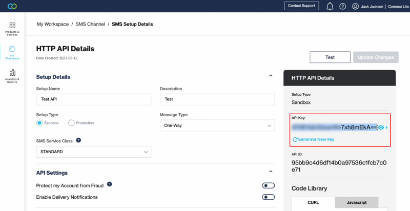 Facebook and Clickatell integration | Copy the API key