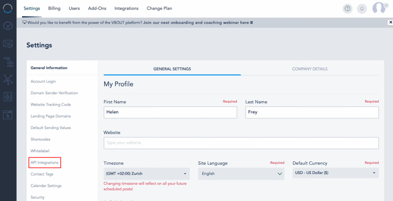 Facebook and Vbout integration | Go to the API Integrations section