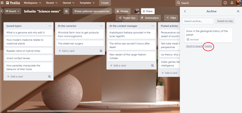 Remove a card in Trello |&nbsp;Click "Delete"