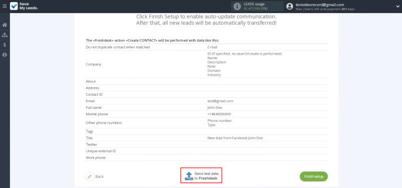 Facebook and Freshdesk integration | Click “Send test data to Freshdesk”