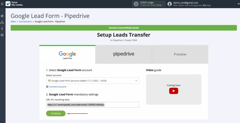 Google Ads Lead Form and Pipedrive integration | Click "Continue"