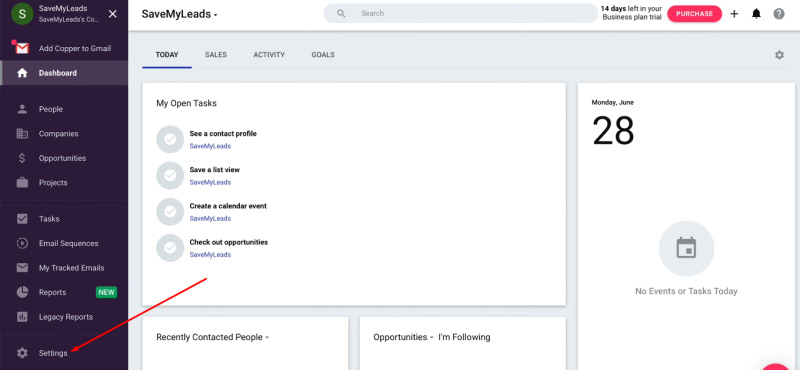 Facebook and Copper integration | Go to the "Settings" section