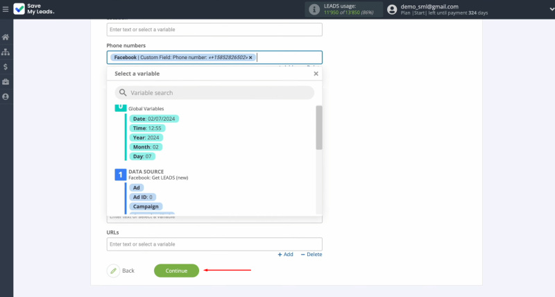 PeopleForce and Facebook integration | When the required fields are filled in, click "Continue"