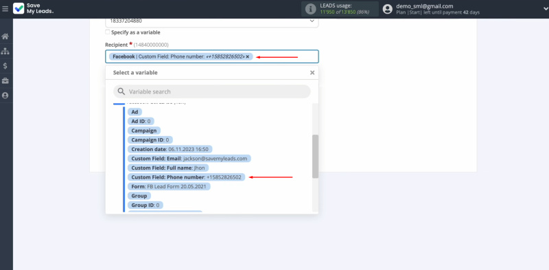 Textmagic and Facebook integration | Select a variable from the drop-down list