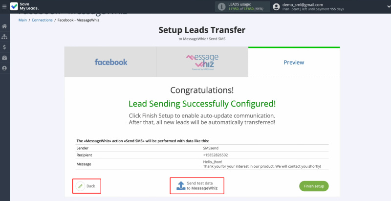 MessageWhiz and Facebook integration | An example of the data that will be sent as an SMS