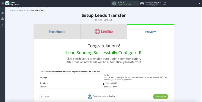 Facebook and Twilio integration | Message example