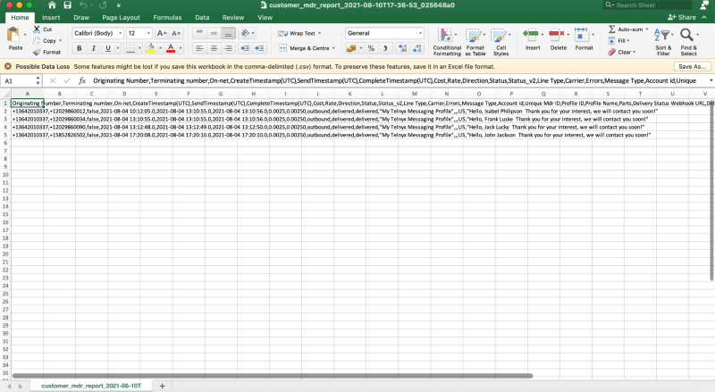 Table with sent SMS