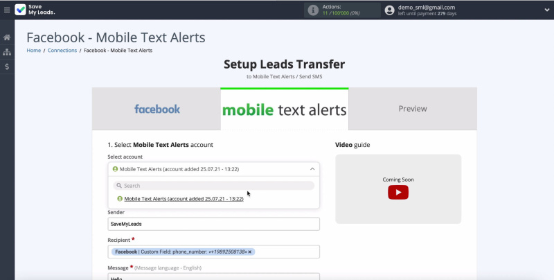 Facebook and Mobile Text Alerts integration | Select a connected account