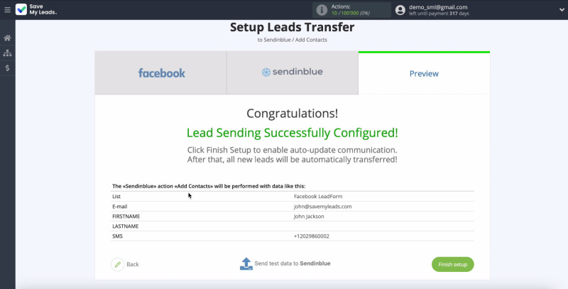 Facebook and Sendinblue integration | Example data&nbsp;