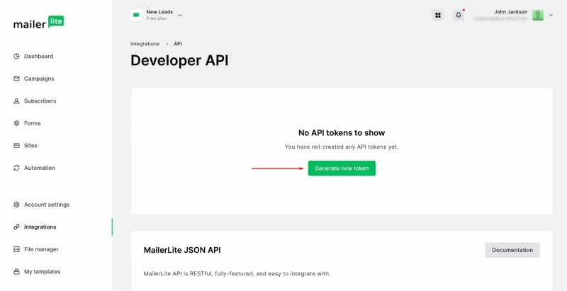 MailerLite and TikTok integration | Click "Generate new token"