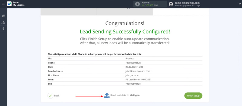 Facebook and Mailigen integration | Send test data to Mailigen