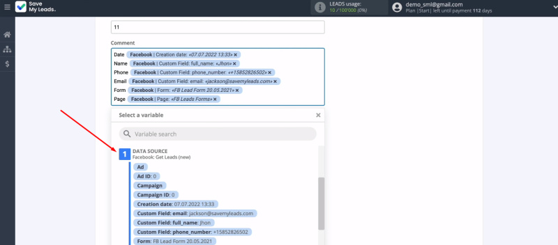 Facebook and Simla integration | Assign a variable
