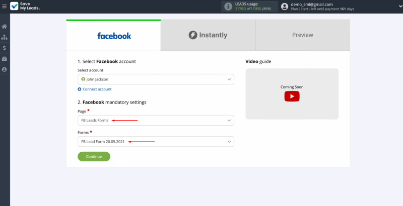 Facebook and Instantly integration | Select the advertising page and the form