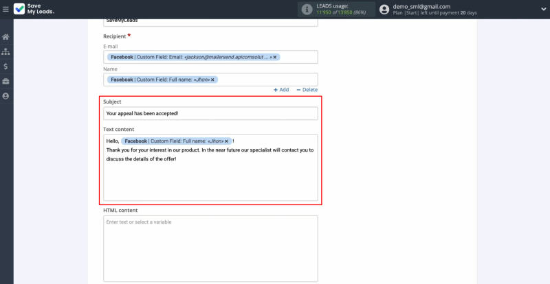 Facebook and MailerSend integration | Enter the text that will be sent to each lead