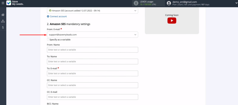 Facebook and Amazon SES integration | Set the sender mailbox