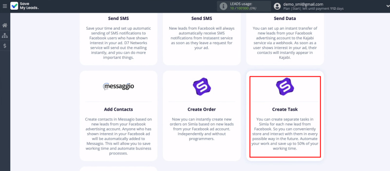 Facebook and Simla integration | Select "Simla (Create Task)" template
