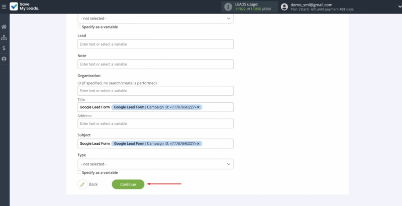 Pipedrive and Google Ads Lead Form integration | After finalizing the settings, click "Continue"