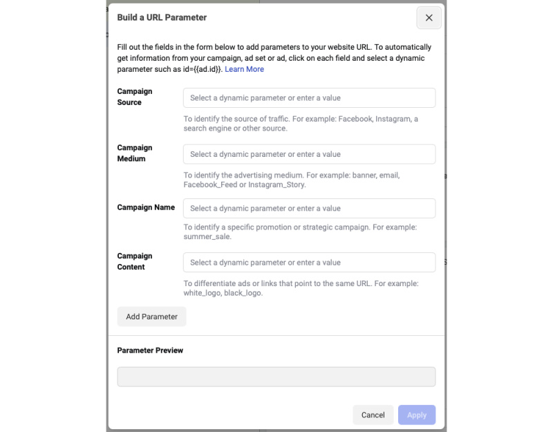 Set up UTM-parameters of a Facebook ad campaign