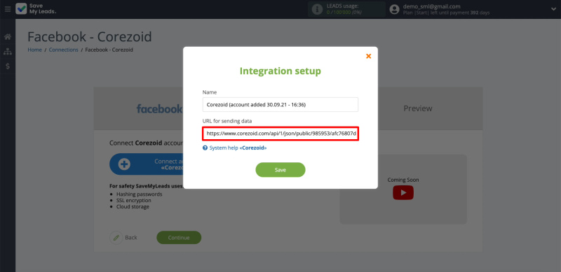 How to set up uploading new leads from a Facebook ad account in Corezoid | Paste the previously copied URL