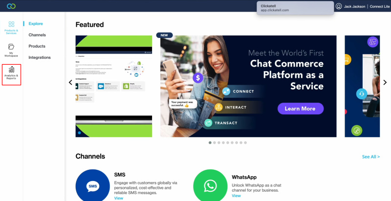 Facebook and Clickatell integration | Go to the "Analytics &amp; Reports" section in Clickatell