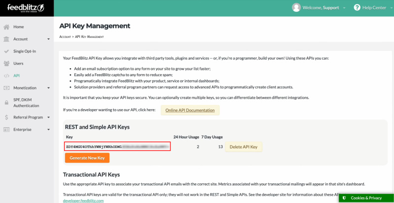 FeedBlitz and Facebook integration | Copy an API key