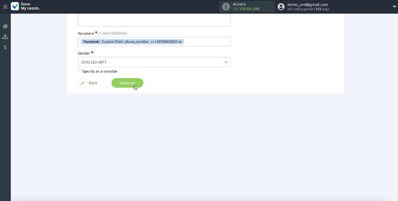 Facebook and Twilio integration | Continue setup