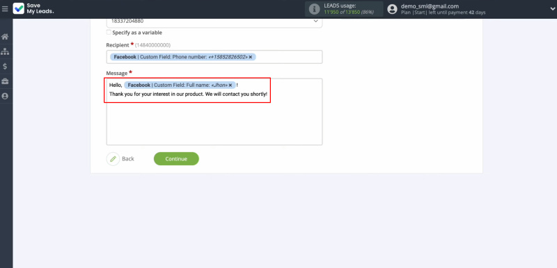 Textmagic and Facebook integration | Enter the text of the SMS message