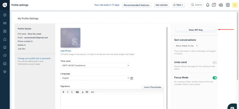 Facebook and Freshdesk integration | Click “View API key”