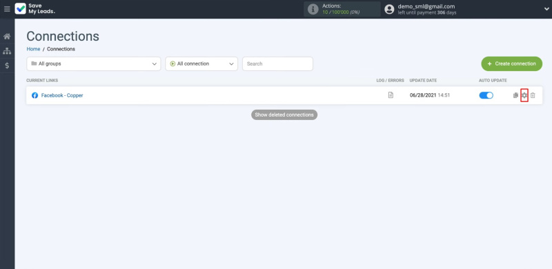 Facebook and Copper integration | Click on the gear icon