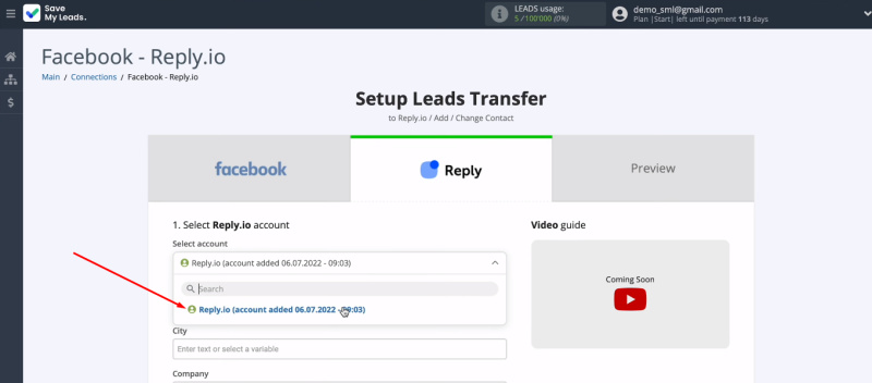 Facebook and Reply integration | Select Reply account