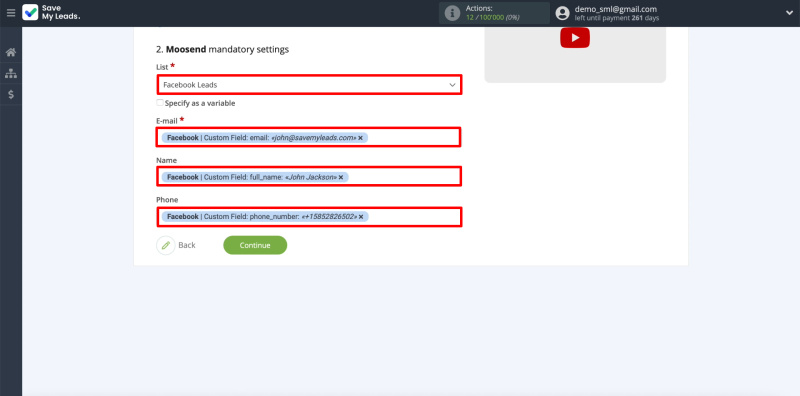How to set up the upload of new leads from your Facebook ad account in Moosend | Configuring data transfer