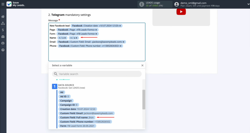 Facebook and Telegram integration | Click in the field and select a variable from the drop-down list