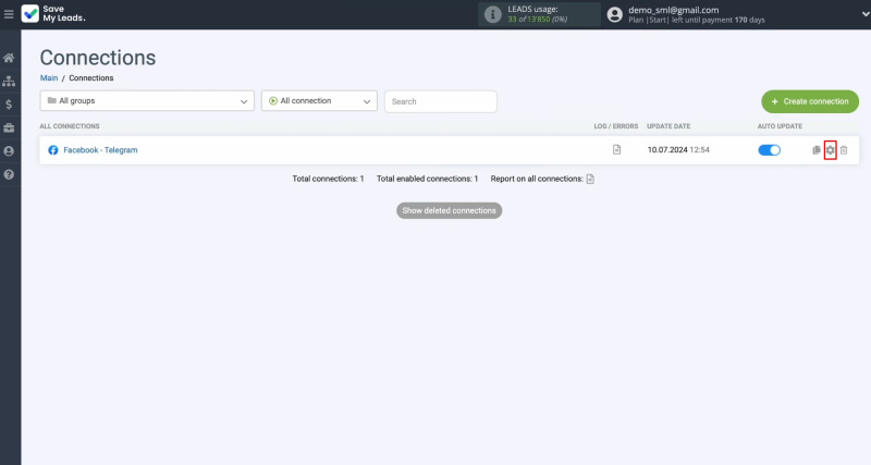Facebook and Telegram integration | Click on the gear icon