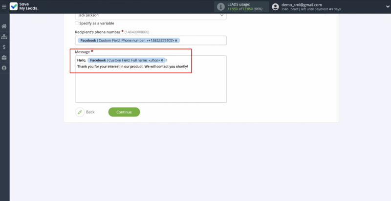 Salesmsg and Facebook integration | Enter the text of the message