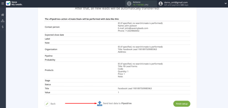 Facebook and Pipedrive integration | Send test data to Pipedrive