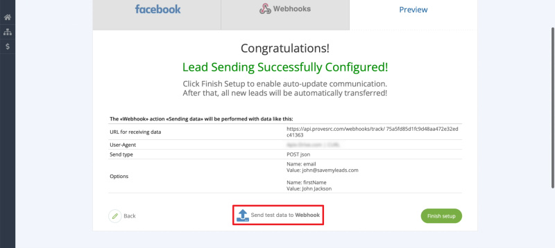 Facebook and Webhooks integration | Sending test data to&nbsp;ProveSource via Webhooks