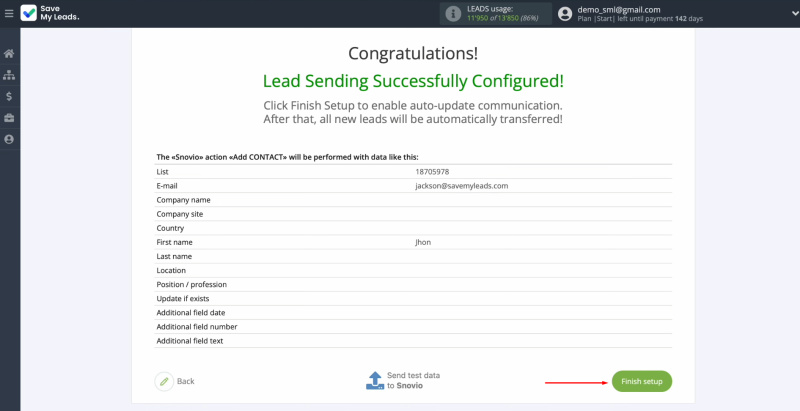 Snov.io and Facebook integration | Click "Finish setup"