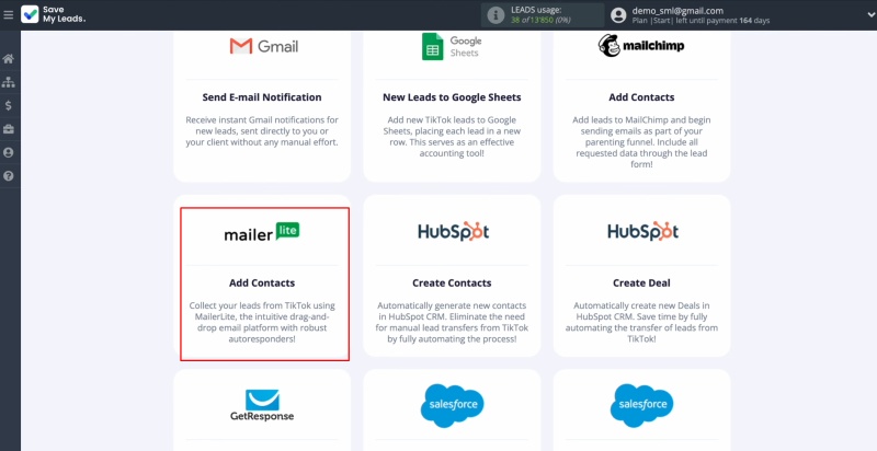 TikTok and MailerLite integration | Choose MailerLite (Add Contacts)