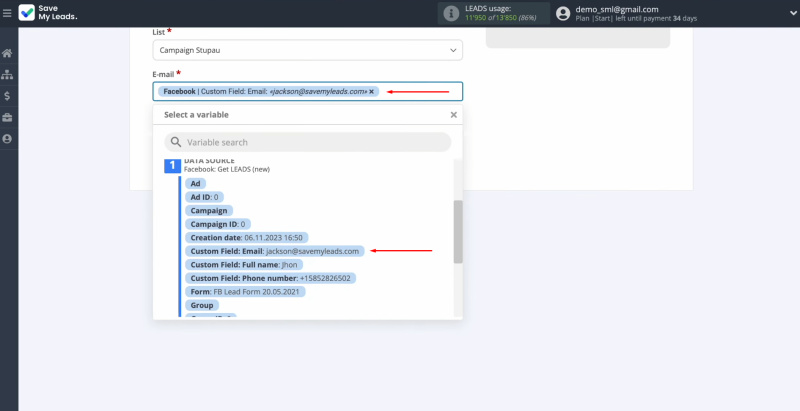 FeedBlitz and Facebook integration | Select a variable from the drop-down list