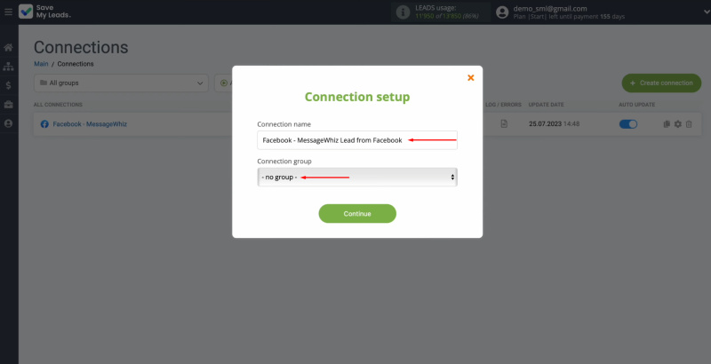 MessageWhiz and Facebook integration | Change the connection name and add it to a group