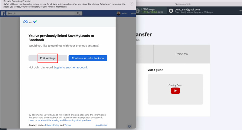 MessageWhiz and Facebook integration | Click on “Edit settings”