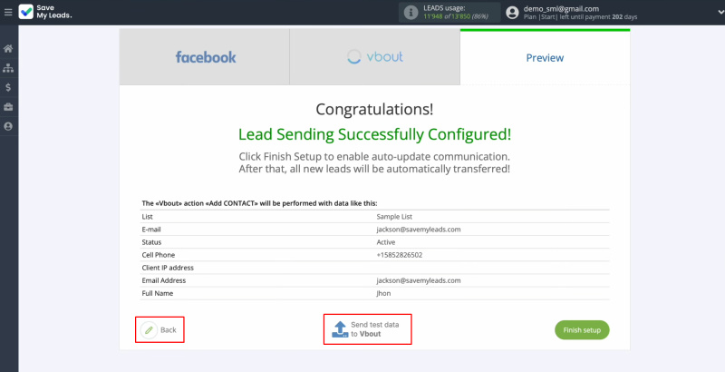 Facebook and Vbout integration | Click "Back" or "Send test data to Vbout"