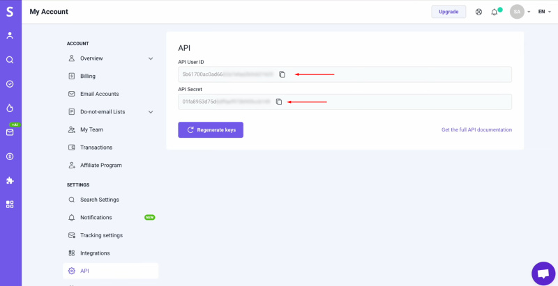 Snov.io and Facebook integration | Copy the API User ID and API Secret