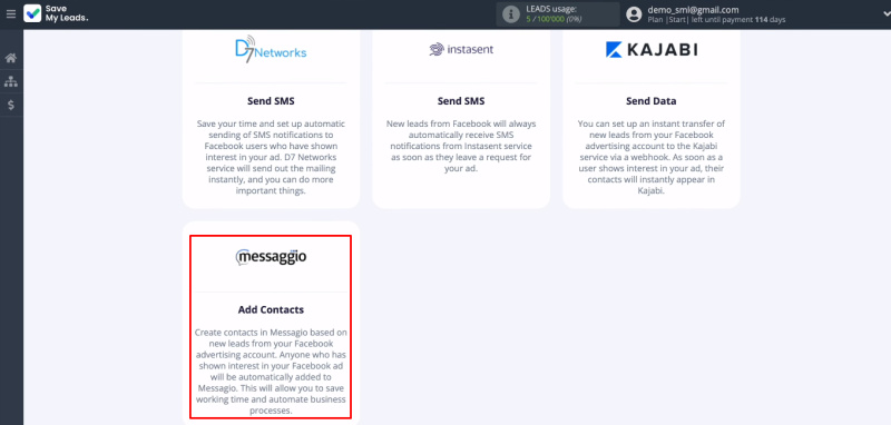 Facebook and Messaggio integration | Select the “Messaggio (Add contacts)” template